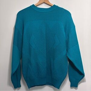 Vintage 80s 90s Teal Blue Knit Patterned Acrylic Sweater Women’s Size Large